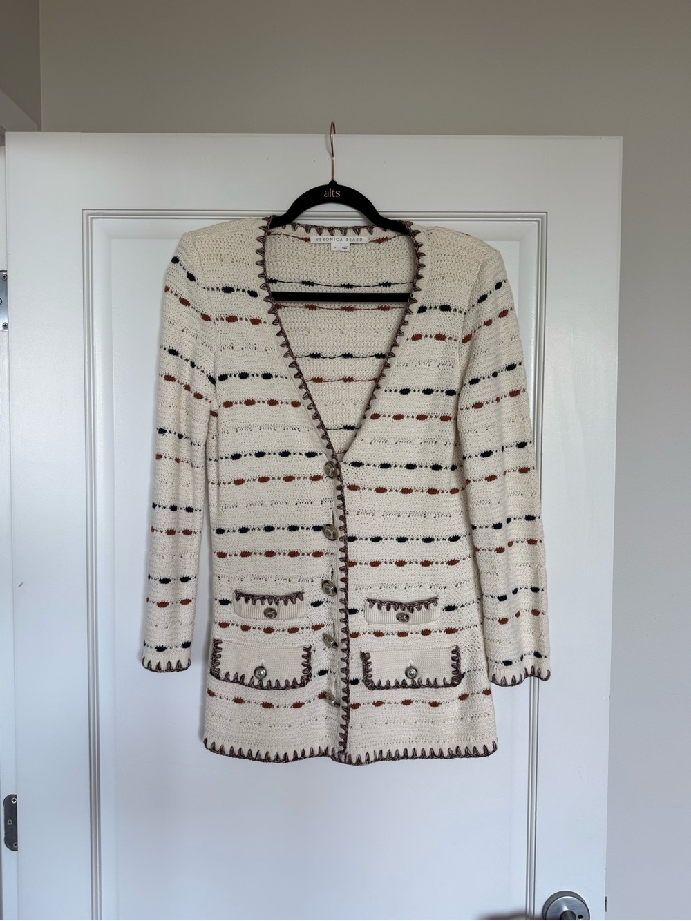 Veronica Beard Cream Knit V-Neck Cardigan with Navy and Rust Stripes